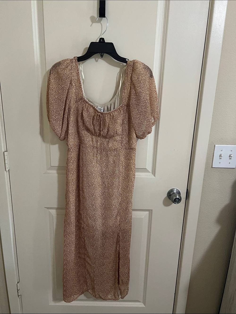 Marshalls Tan Puff‑Sleeve Midi Dress with Animal Print